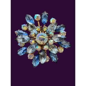 1960s Blue AB Rhinestone Pin | Iridescent Starburst Brooch | Mid Century